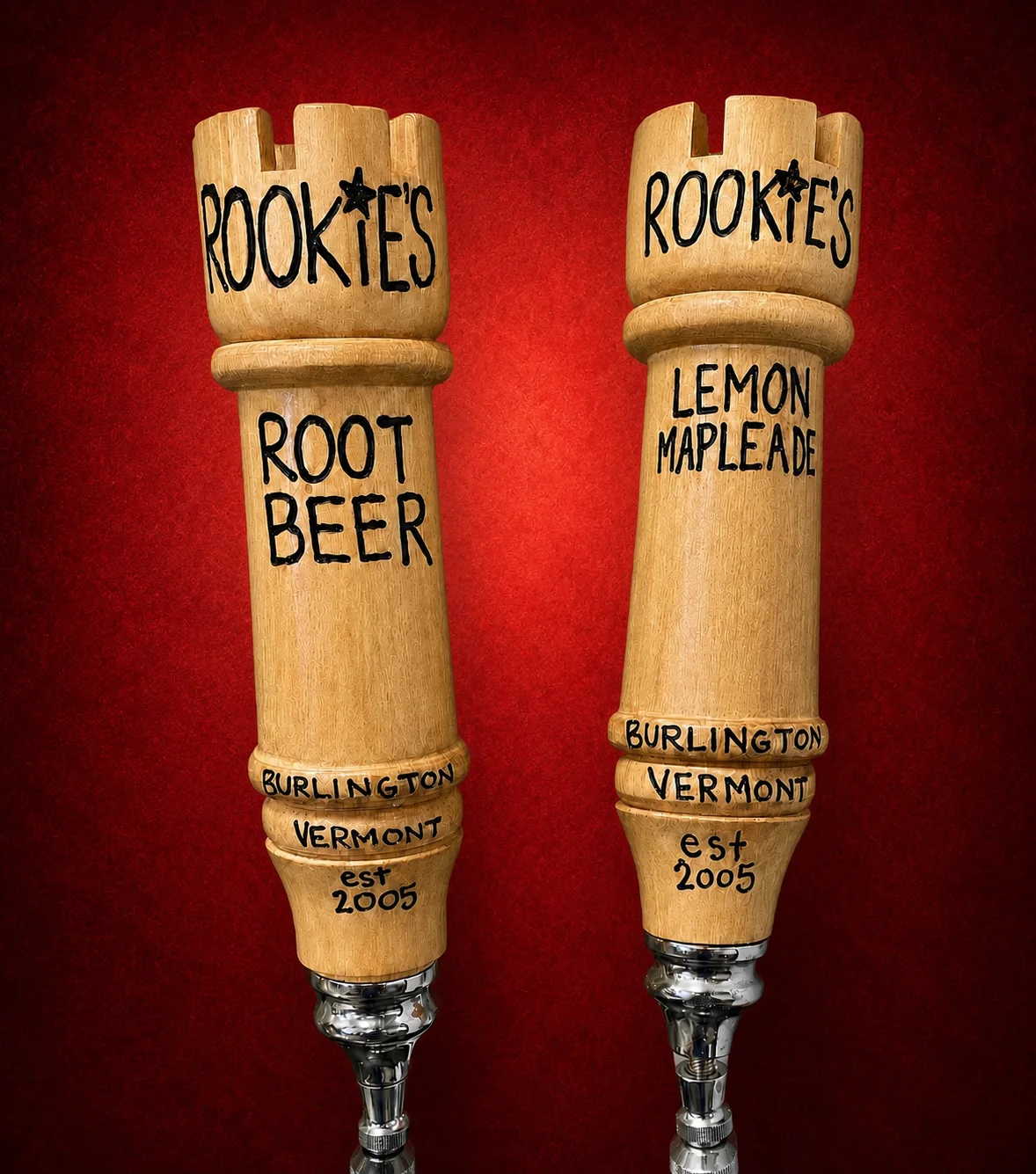 Rookie's root beer and maple lemonade tap handles